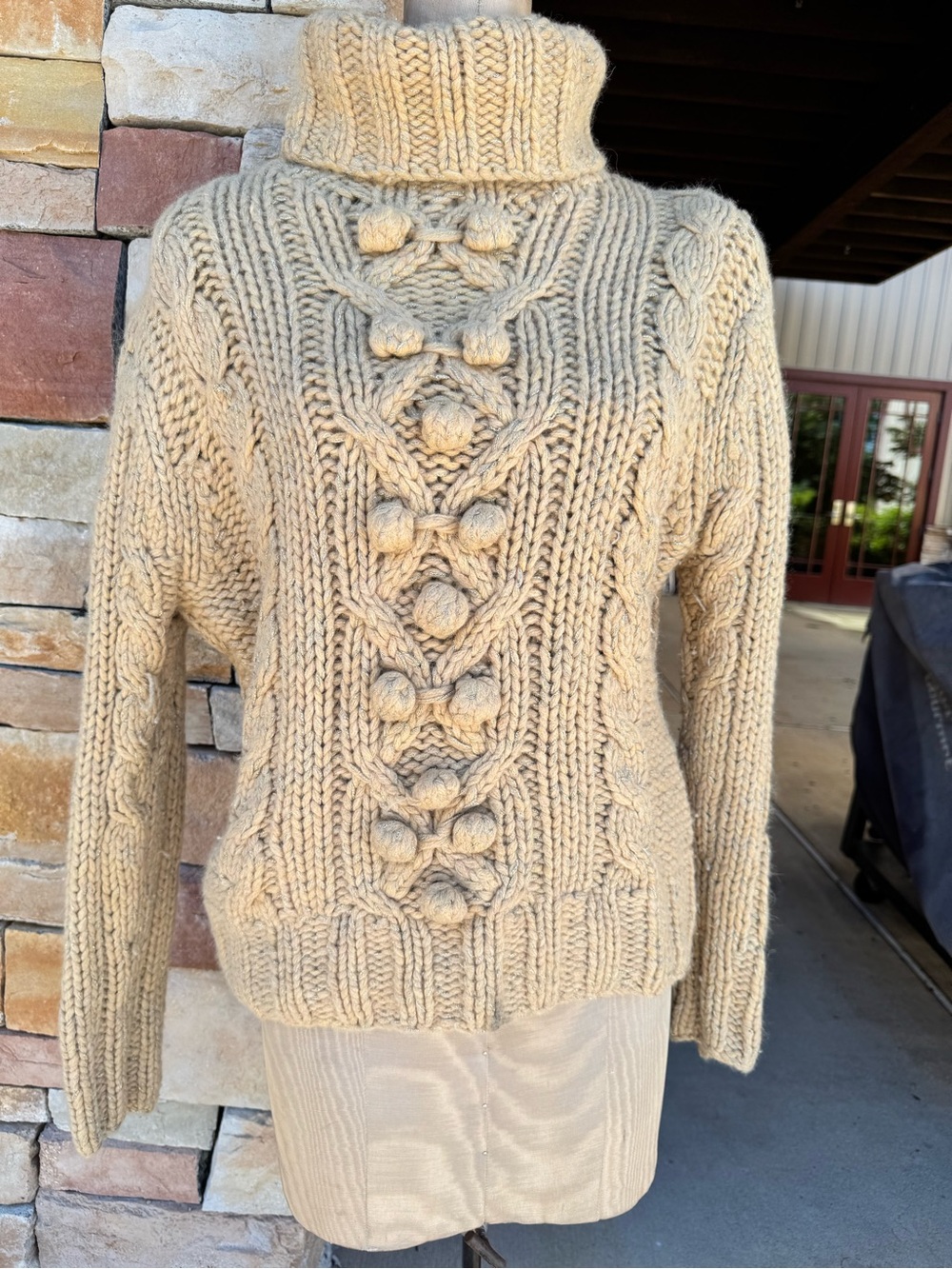 A. Giannetti Tan Chunky Cable Knit Bobble Turtleneck Sweater